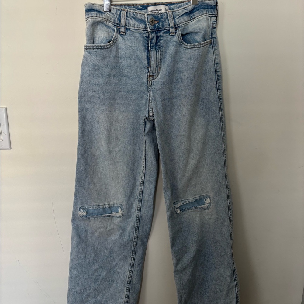 Abercrombie Kids high rise wide leg distressed light denim jeans